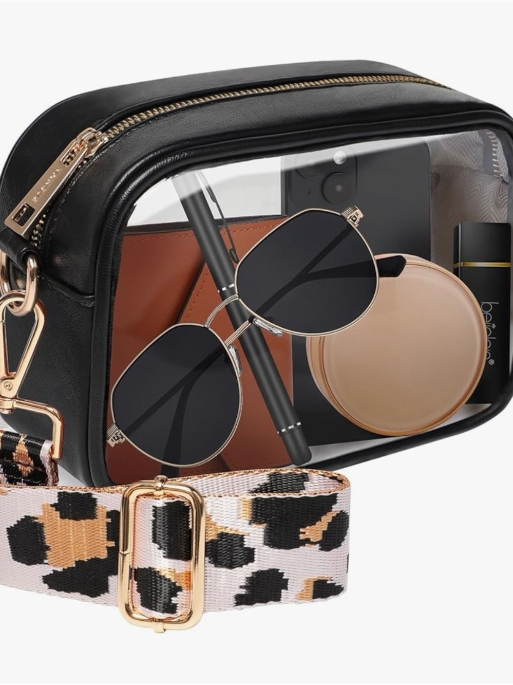 Clear PVC Crossbody with Black Trim & Leopard Strap